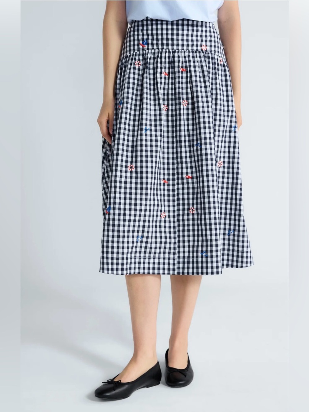 NWT Free Assembly Embroidered Nautical Coastal Gingham Cotton Midi Skirt Size 2